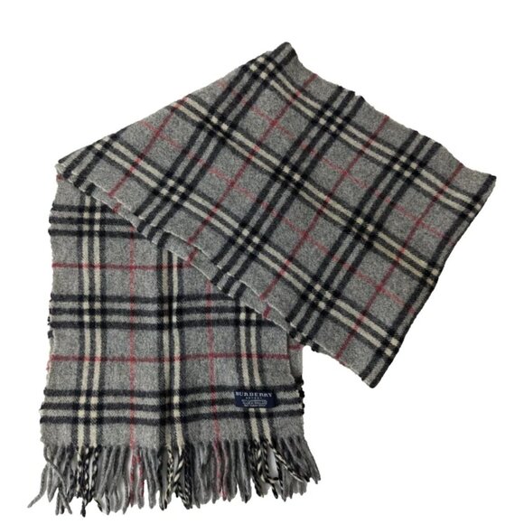 BURBERRY London Classic Nova Check Knit 100% Lambs Wool Fringe Gray SCARF - Picture 1 of 7